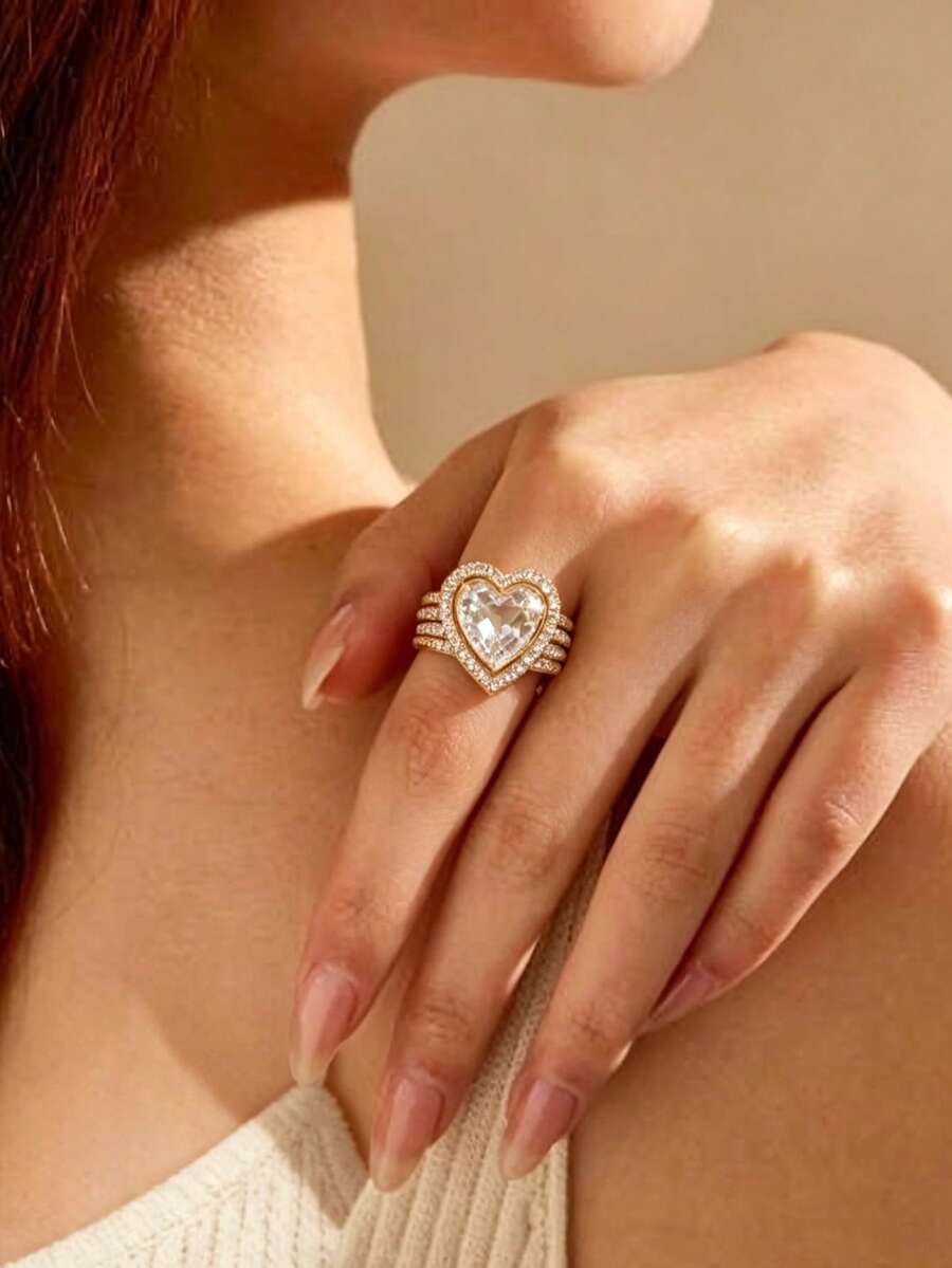 1pc Women's Heart Shape Cubic Zirconia Multi Row Ring, Suitable For Wedding, Engagement, Anniversary, Party Wear, Valentine's Day Gift. No Box. - Yellow - View 1