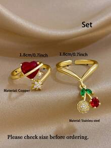 1Pc/Set Sweet Cute Cherry Charm Heart Red Zirconia Open Ring Gold Jewelry Set,For Women,Daily,Party,Anniversary,Valentine Birthday Gifts,Christmas,Y2K - Multicolor - View 11