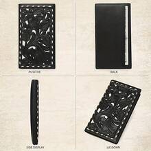 Vintage Genuine Leather Wallet For Women Western Cowgirl Floral Embossed Top Layer Cow Leather 13 Card Slot Checkbook Wallet - Black - View 6
