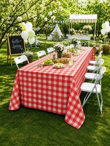 1/3PCS 137*274cm Red And White Plastic Checkered Tablecloth, Decorative Disposable Red Check Tablecloth, Perfect For Picnic, Farm, Birthday, And Wedding Rectangular Party Tablecloth - Red - View 1