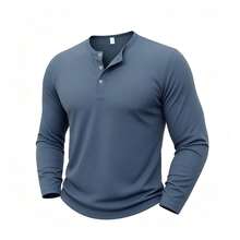 [3pcs/Pack]American Style Men's Long Sleeve Henley Shirt, Simple Solid Color 3-Button Crew Neck T-Shirt, Versatile Outdoor Commute Base Layer Top - Black - View 6