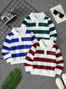 Autumn/Winter Boys' Letter Print Striped Polo Collar Long Sleeve Top - Multicolor - View 1