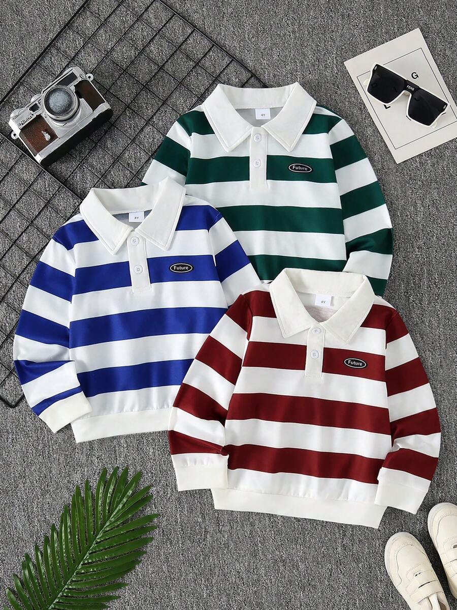 Autumn/Winter Boys' Letter Print Striped Polo Collar Long Sleeve Top - Multicolor - View 1