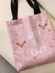 1pc Random Christmas Print Canvas Tote Bag, Large Capacity Hand‑Held Shoulder Bag,Reusable Shopping Bag For Music Festival Party Daily Packing Books - Pink - View 3