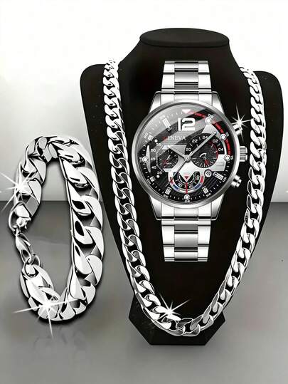 3PCS/1PC-Watch Optional Men's Silver Wristwatch Set, Stainless Steel Metal Band, Cool Luxury Business Style, Three-Eye Sports Men's Wristwatch, Paired With Men's Necklace, Men's Bracelet Full Set Accessories, Men's Luxury Wristwatch Accessories, Suitable For Summer Wear, Birthday, Valentine's Day, Father's Day Gifts, Luxury Gifts For Boyfriend And Son