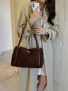 Women's Shoulder Tote Bag, Large Capacity Matte PU, Fashion Elegant Minimalist, Suitable For Shopping And Commuting, Coffee Color - Coffee - View 9