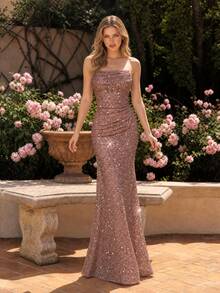 Gaun Malam Formal Wanita UNITHORSE Tanpa Tali Bahu dan Tanpa Punggung dengan Hiasan Payet - Dusty Pink - View 1