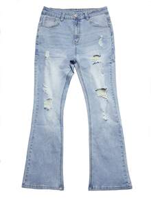 Men's Fashion Distressed Slightly Flared Washed Stretch Denim Jeans - Light Wash - View 4