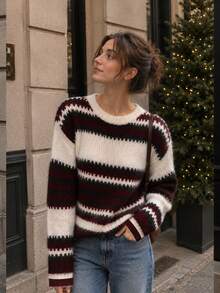 Women's Burgundy Stripe Knitted Drop Shoulder Sweater, Long Sleeve Round Neck Relaxed Fit Top For Winter And Fall Red - Red - View 5