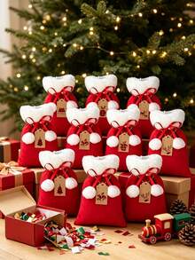 3set Christmas Drawstring Gift Bag Set- Bags Featuring Pom-Poms And Matching Gift Tags. These Reusable Fabric Bags Are Perfect For Packaging Small Gifts And Are Also Ideal For Christmas And New Year's Party Decorations And Gift Wrapping - Multicolor - View 2