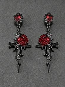 2 buah Anting Liontin Salib Mawar Berwarna-warni Bertatahkan CZ Logam Gaya Gothic Gelap untuk Wanita, Cocok untuk Pesta Sehari-hari, Perhiasan Halloween - MultiWarna - View 1