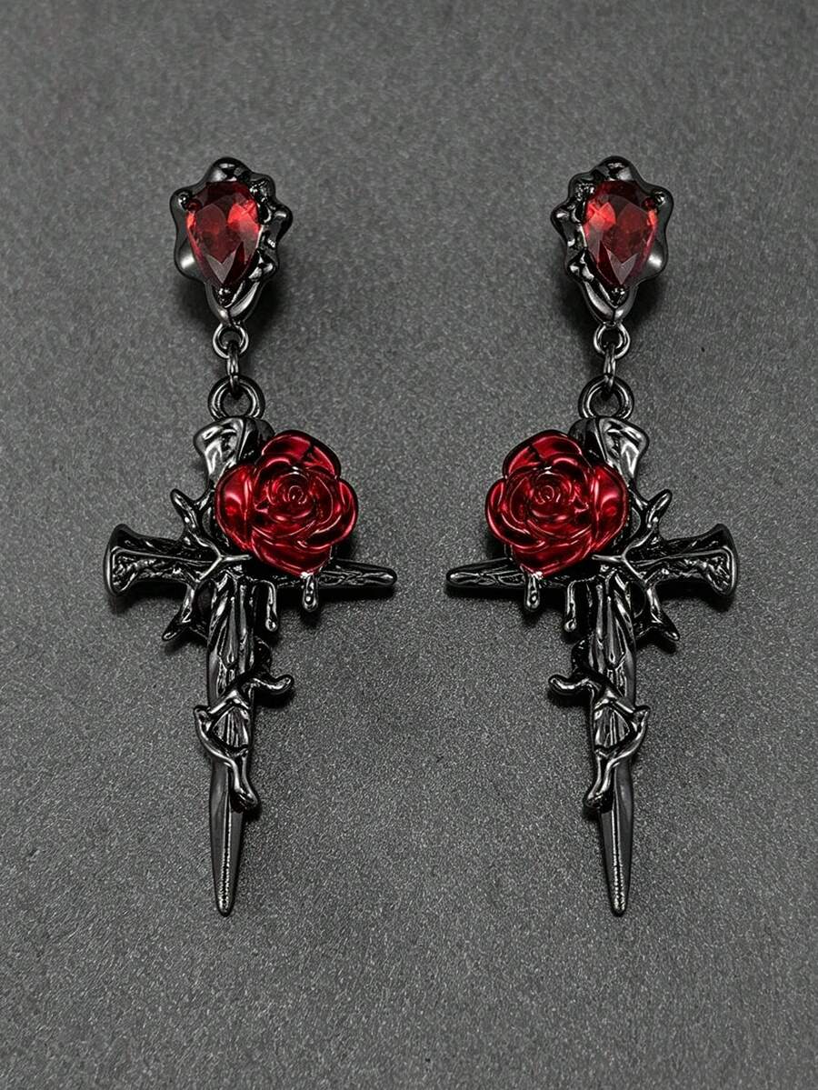 2 buah Anting Liontin Salib Mawar Berwarna-warni Bertatahkan CZ Logam Gaya Gothic Gelap untuk Wanita, Cocok untuk Pesta Sehari-hari, Perhiasan Halloween - MultiWarna - View 1