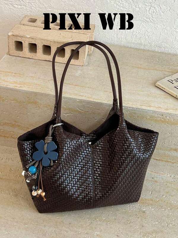 Relaxed Vintage Woven HOBO Tote Bag, Large Glossy Twill PU Woven Flower Tassel Pendant, Spaghetti Strap, Soft Slouchy Shape, Maillard Style, Versatile Commuter Travel Shoulder Underarm Bag