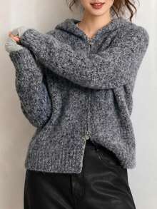 Women's Autumn/Winter Casual Minimalist Floral Sheer Hooded Knit Cardigan Sweater - Grey - View 1