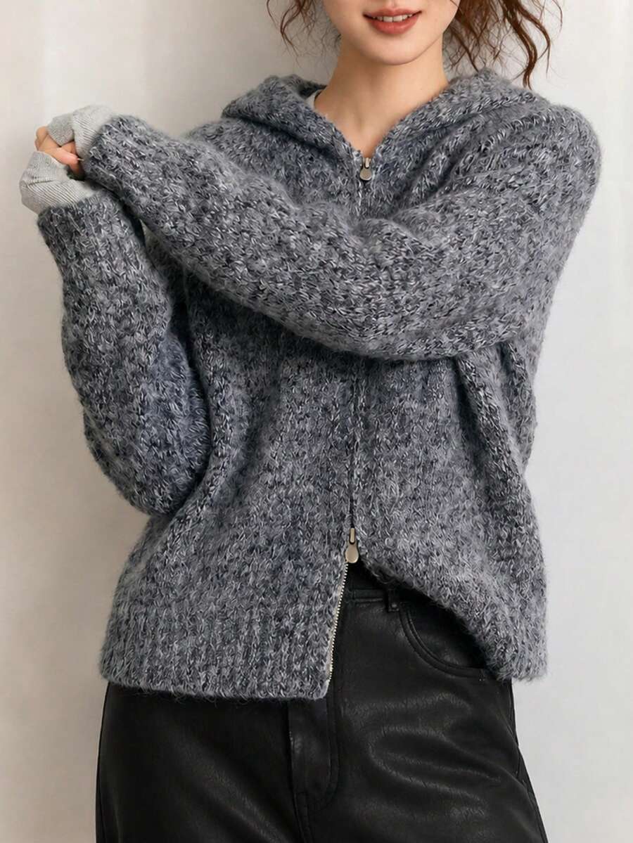 Women's Autumn/Winter Casual Minimalist Floral Sheer Hooded Knit Cardigan Sweater - Grey - View 1