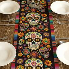 1pc Floral Sugar Skull Mexican Day Of The Dead Table Runner, Halloween Table Runner, Day Of The Dead Kitchen Dining Table Decor, Home Party Decoration - Multicolor - View 3