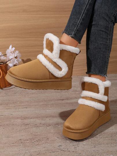 Women's Minimalist Faux Suede Thick Sole Ankle Boots, Fuzzy Trim Lace-Up Detail Slip-On Boots