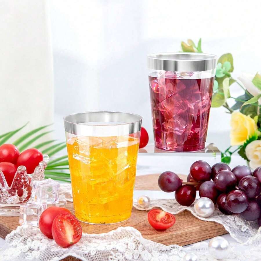 100pcs Silver Cups, 6.76oz Clear Cups With Silver Rim, Silver Beer Cups, Hard Cups For Party, Premium Silver Rim Cups, Perfect For Wedding And Party - Silver - View 1