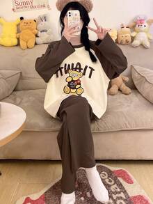 2pcs/Set Women's Pajamas Loungewear, Cute Bear Print Fashion Pullover Round Neck Long Sleeve Cropped Pants Set, Easy Care Fabric - Brown - View 7