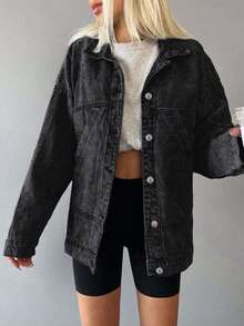 GILIPUR Women's Loose Washed Black Denim Jacket, Lapel Long Sleeve Button Front Loose Fit Streetwear Denim Coat With Pockets - Black - View 5