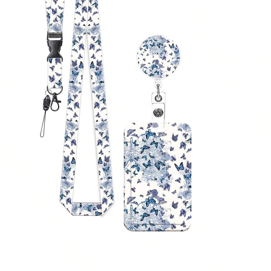1 Set (Badge Clip + Lanyard + Card Holder) Blue Butterfly ID Badge Clip, Retractable Badge Reel With Card Holder, Detachable Lanyard, Teacher ID Card Holder Protective Sleeve, Suitable For Doctors, Nurses, Interns, Office Workers, Office Gift - Versatile - View 1
