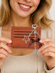 Minimalist Ultra-Thin Card Case, Featuring Delicate Heart-Shaped Star Bowknot Metal Chain Keychain, Money Bag, Card Holder, Wallet,Small Purse - Multicolor - View 3