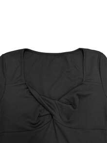 Sexy V-Neck Ruched Long Sleeve Ribbed Slim Fit Women's Top, Autumn/Winter New Style, Versatile For Daily Wear And Commuting,Fall Tops,Black Tops - Black - View 5