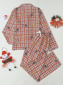 2pcs Comfortable Christmas Gingerbread Man Print Long Sleeve Collared Top And Bow Leggings Women's Pajama Set - Khaki - View 2