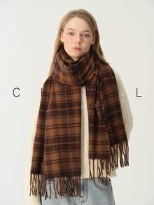 1pc Women's Vintage Fashionable Dual-Color Plaid Casual Versatile Polyester Scarf, Warm For Autumn/Winter Daily Wear - Khaki - View 4