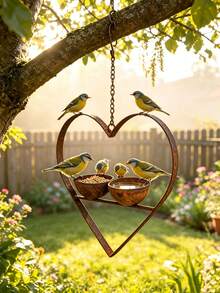 Rusty Metal Heart-Shaped Bird Feeder, Dual Bowl Design, Vintage Distressed Bird Food And Water Dual-Use Feeder, Hanging Design Suitable For Trees And Backyard Gardens, European Courtyard Landscape Country Style Outdoor Decor - Multiple Styles - View 4