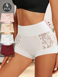 4pcs Women's Mid/High Waist Briefs, Featuring Lace Patchwork Design On Sides, Random Floral Lace Pattern, Elegant & Romantic, Full Coverage Butt Lift, Soft & Breathable Fabric, Suitable For Outdoor Cycling Or Sports - Multicolor - View 2