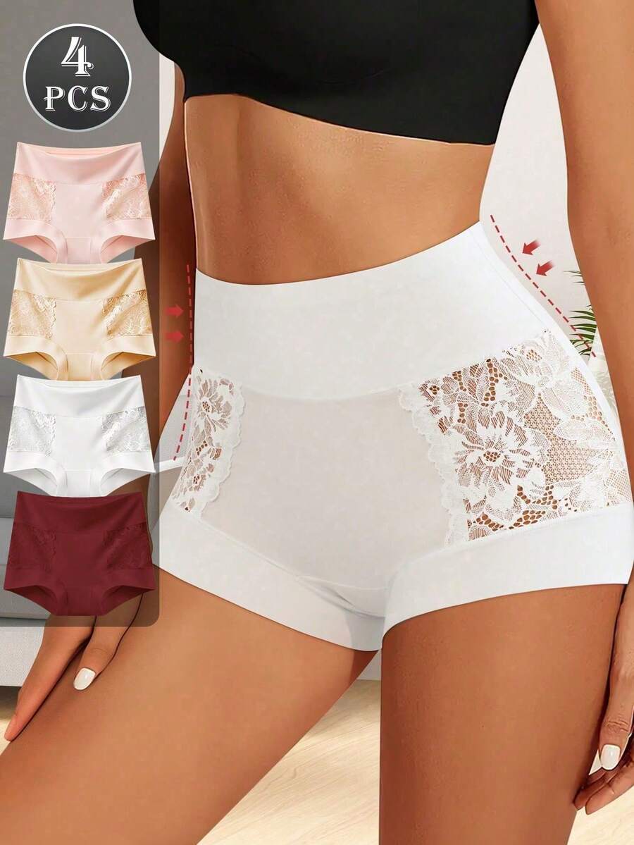 4pcs Women's Mid/High Waist Briefs, Featuring Lace Patchwork Design On Sides, Random Floral Lace Pattern, Elegant & Romantic, Full Coverage Butt Lift, Soft & Breathable Fabric, Suitable For Outdoor Cycling Or Sports