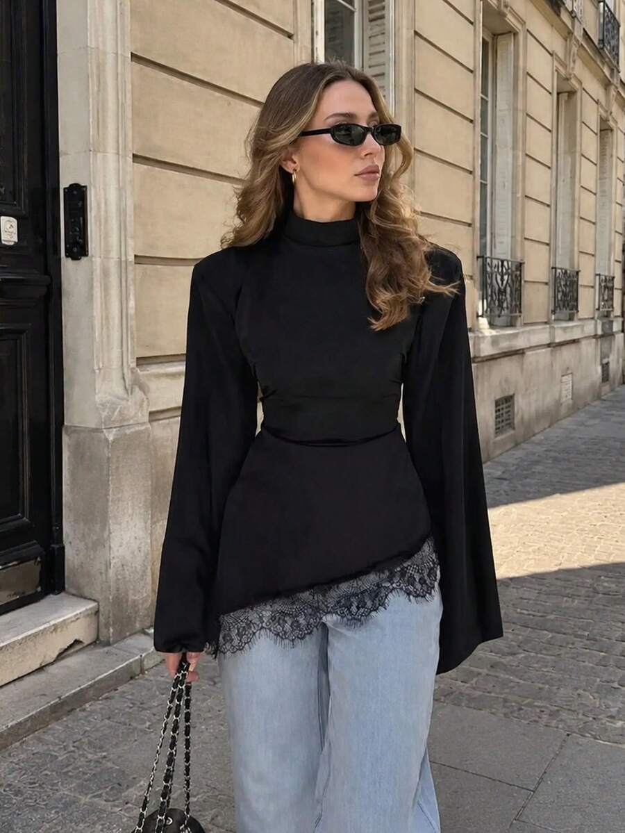 女款黑色緞面優雅高領後綁帶不對稱蕾絲下擺喇叭袖襯衫,適合春秋派對 - 黑色 - 查看 1