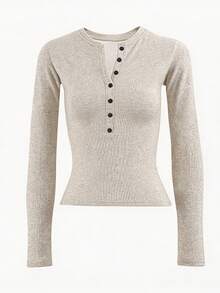 Women's Ribbed Henley Neck T-Shirt, Autumn Long Sleeve Polyester Button-Up Top, Warm Thermal Lined Regular Fit Mid-Stretch Long Sleeve T-Shirt - Apricot - View 5