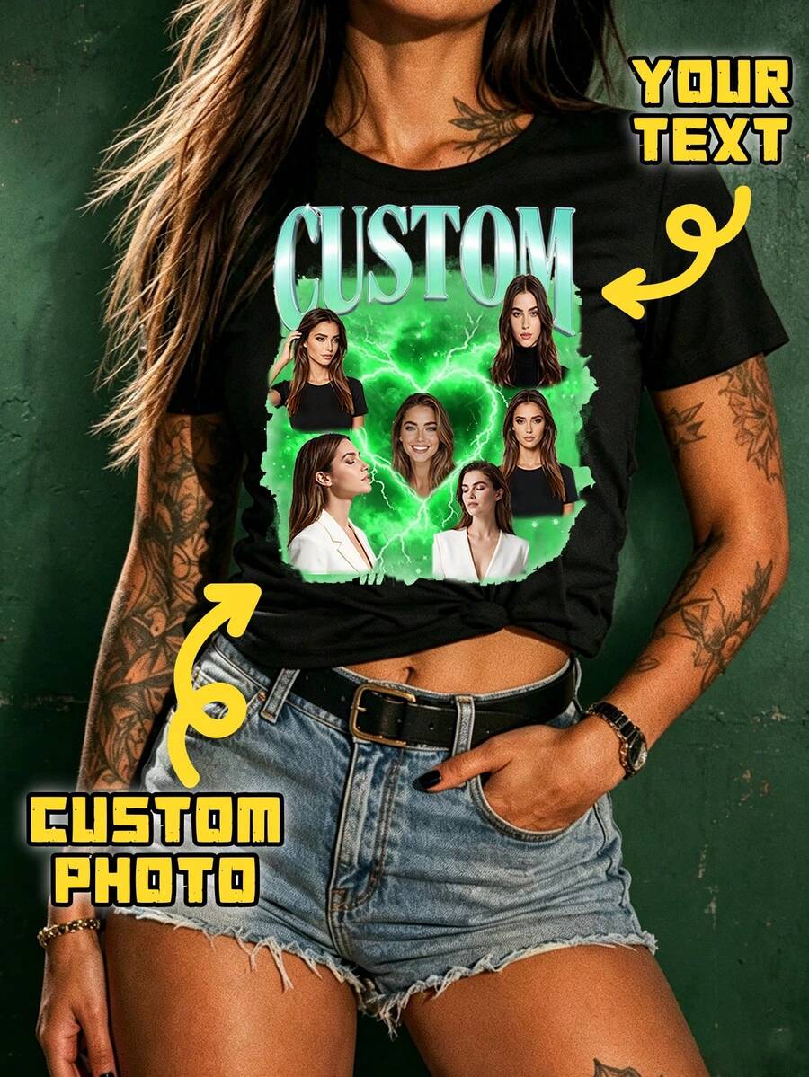 90s Vintage Custom Photo Print T-Shirt, Personalized DIY Short Sleeve Top, Creative Birthday Gift, Casual Shirt With Your Own Photo Black - Black - View 1