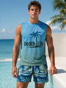 Men's Ombre Palm Tree Print Sleeveless Tank Top And Shorts Set, Suitable For Summer Vacation And Daily Wear - Multicolor - View 2