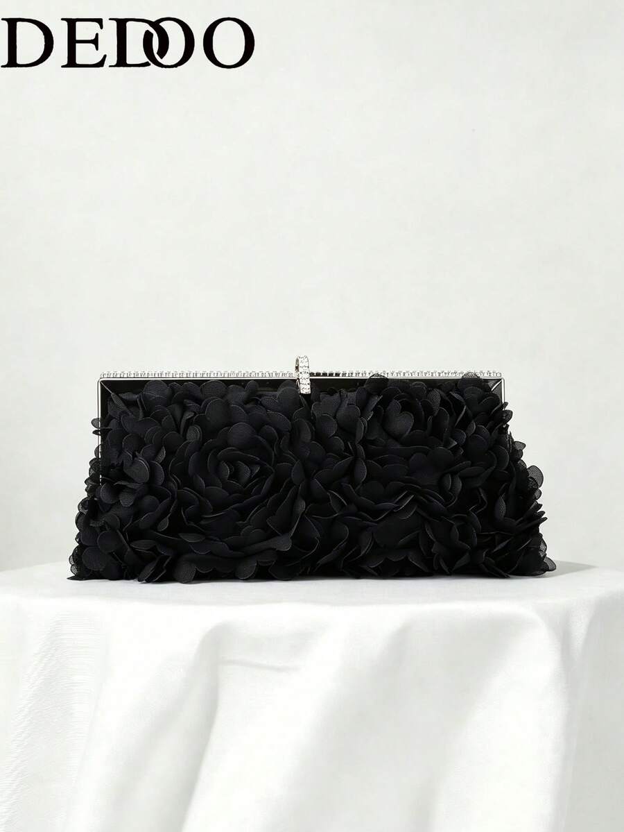 Dedoo Women's Evening Clutch Bag, Rectangular Hard Frame, 3D Petal Floral Pattern, Rhinestone Trim, Elegant Gothic Glamour Style, Suitable For Cocktail Parties, Banquets, Balls