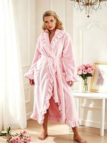 1pc Women Super Soft Ruffle Hem Ankle Length Thick Fleece Robe, Ruffle Hem Fashion Robe With Side Pockets, Warm Long Bathrobe, Plush SPA Robe, Loungewear - Multicolor - View 6