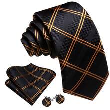 5Pcs Men Orange Plaid Tie Pocket Square Cufflinks Ring Tie Clip Set, Random Cufflink Pattern, Suit Accessories For Wedding - Orange - View 4