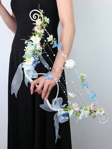 1pc Bohemian Style Bow-Shaped Creative Handheld Bouquet, Pink And White Floral Mesh Ribbon Pearl String, Forest Theme Wedding Photography Prop - Multicolor - View 3