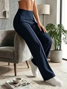 Women's Casual Home Pants, Solid Color High Waist Wide Leg Lounge Pants (With Pockets) - Navy Blue - View 2