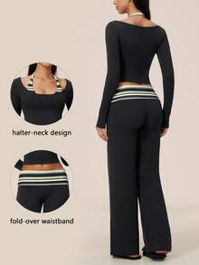 TimeOff Women's One Set Autumn/Winter Striped 2 In 1 Patchwork Oversized Scoop Neck Halter Long Sleeve Folded Waist Wide Leg Pants Sportswear Set - Black - View 10
