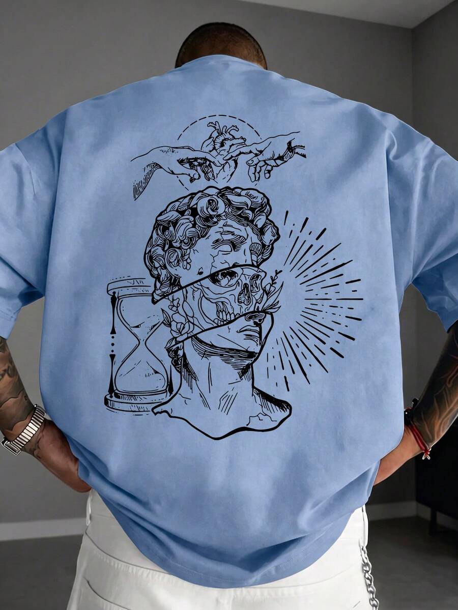 男士夏季時尚百搭休閒素描肖像印花舒適圓領短袖T恤 - 藍色 - 查看 1
