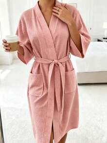 1pc Women's Waffle Knit Long Sleeve Solid Color Bathrobe, Unisex Adult Bathrobe, Soft And Absorbent, Loose Fit, Suitable For Home, Spa, Hotel Leisure Wear, Furniture And Bathroom Supplies, Valentine's Day Gift, Women's Casual Wear, Women's Bathrobe, Casual Wear - Pink - View 3