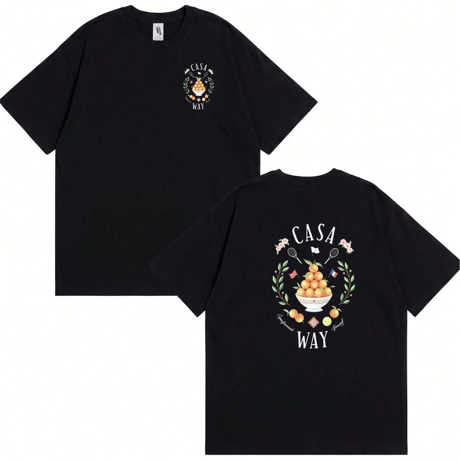 Unisex Black Fruit Bowl Graphic Print T-Shirt - Short Sleeve Crew Neck, Soft Cotton Blend Summer Casual Wear - Streetwear Vintage Aesthetic - Black - View 1