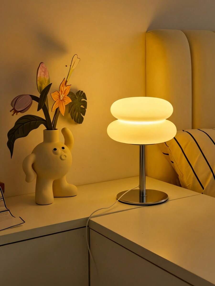 Modern Frosted Glass Lampshade With Metal Frame, Dimmable Warm Light Decorative Table Lamp, Cream Color, Double-Layer Round LED Bedside Lamp, Suitable For Bedroom, Living Room, Dormitory Bedside Table, Home Decor Indoor Lighting, Gift, USB Powered