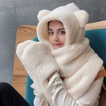 1pc Bear Ear Hat 3 Pieces Set, Thickened Warm Double-Layer Cold-Proof Cute Hat, One-Piece Hat, Solid Color Polyester (Polyester) Fine Fleece - A - View 1