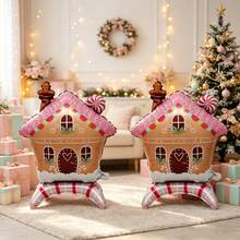 2pcs Pink Gingerbread Snow House Shaped Aluminum Foil Balloons With Standing Base, Suitable For Christmas Party Decoration - View 2