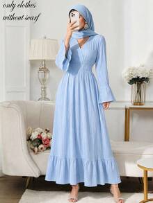 Women's V-Neck Ruffle Hem Ruched Waist Flared Long Sleeve Dress, Elegant All-Season Vacation Fall - Blue - View 2