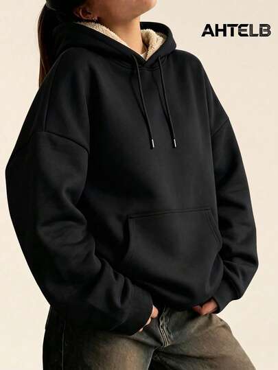 AHTELB Women's Autumn/Winter Warm Fleece Lined Hooded Pullover Sweatshirt, Solid Color Minimalist Style Lamb Fleece Lining Drawstring Loose Drop Shoulder Sweatshirt, Comfortable And Versatile, Suitable For Daily Commute, Shopping, Leisure Outings, Entertainment, Perfect Gift For Wife, Girlfriend, Friend And Mother, Casual Fleece Sweatshirt, Women's Warm Top